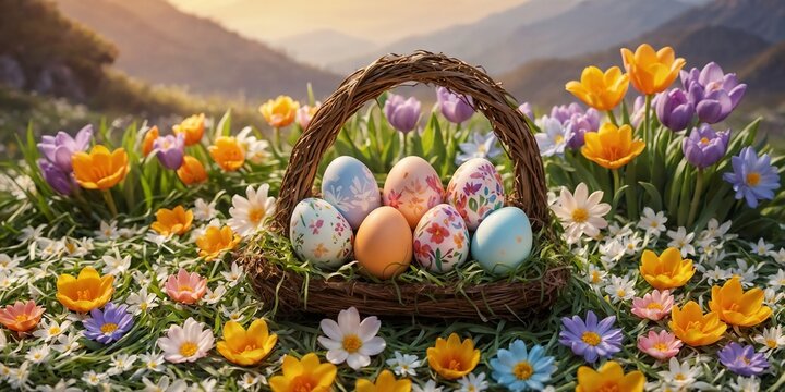 Beautiful meadow fields with tulips and chamomile flowers and a basket of easter eggs painted with flowers all over representing easter festivities.