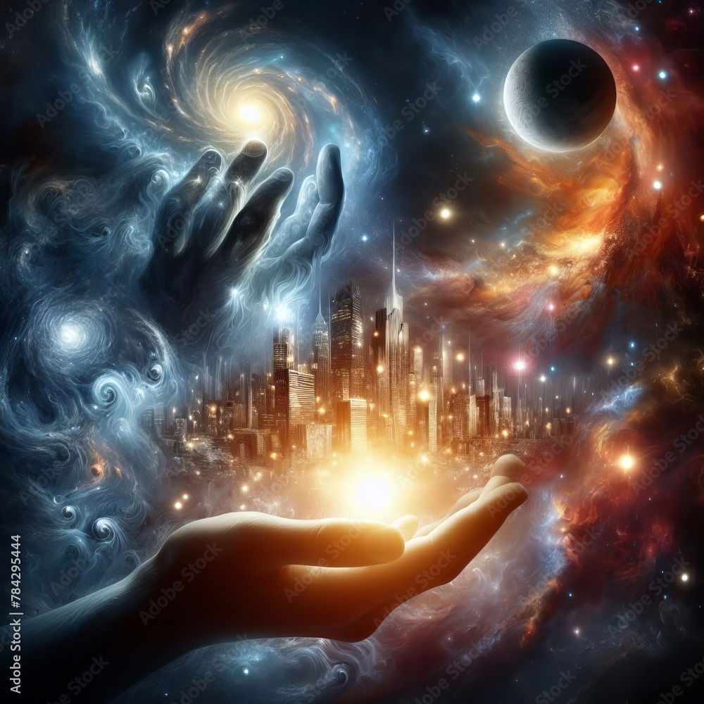 Poster ethereal hands sculpt a radiant metropolis within a cosmic backdrop, symbolizing creation and imagin
