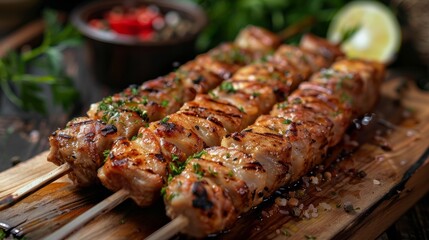 Chicken kebab on skewers with herbs on a wooden board