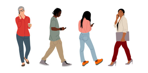 Set of different people using mobile phone. Business men, women holding smartphones, texting, talking, chatting, watching news. Group of male, female cartoon characters Vector realistic illustrations.