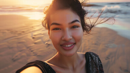 Asian young woman smiling taking selfie on the beach,