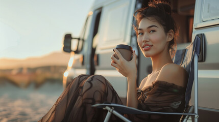 Asian young woman sitting on camping chair drinking coffee