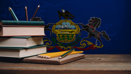 Books and pencils in classroom on the background of the Pennsylvania flag. Concept of education, back to school