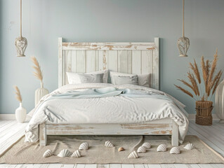 Whitewashed wood bed frame in a coastal-themed bedroom with blue and white decor accents.