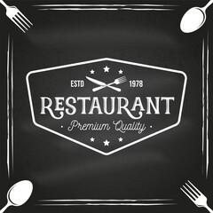 Restaurant shop, menu on the chalkboard. Vector Illustration. Vintage graphic design for logotype, label, badge with fork and knife. Cooking, cuisine logo for menu restaurant or cafe. - 784295870