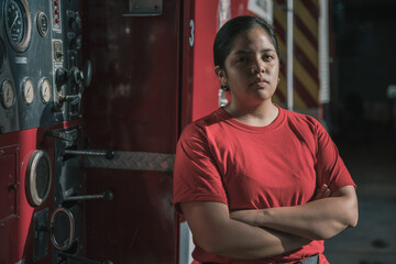 Portrait of female firefighter standing at fire station