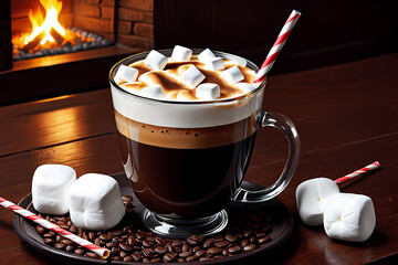 a cup of hot coffee with marshmallows and straw in a table, hd sharp detailed illustration, abstract background, generative AI 