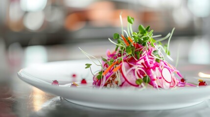 A dish with radishes and microgreens. Commercial photo.