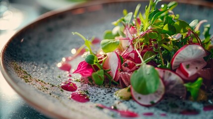 A dish with radishes and microgreens. Commercial photo.