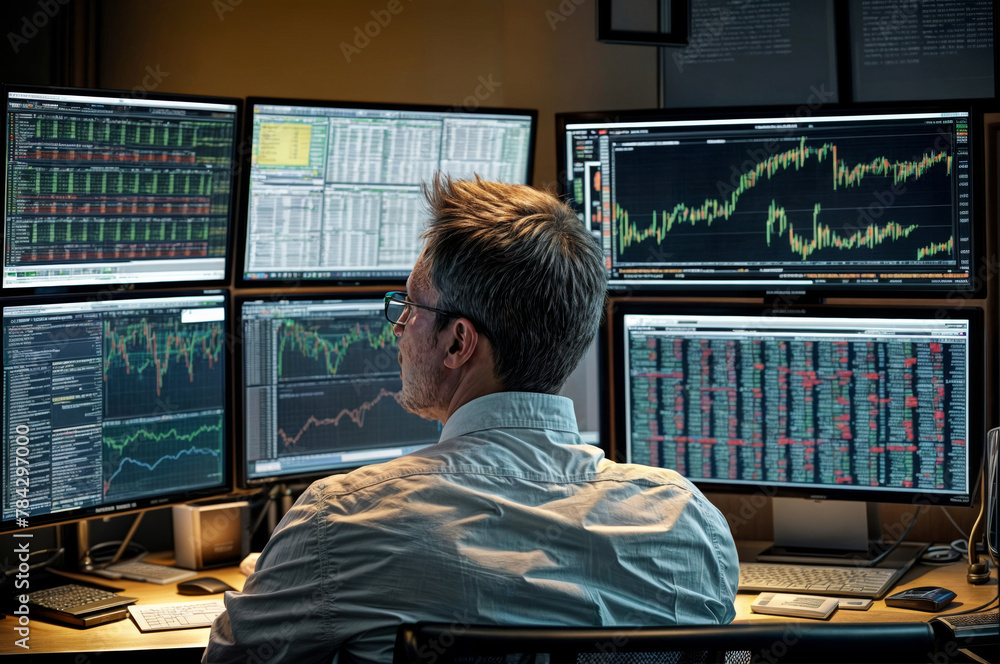 Poster rear view of mature businessman analyzing stock market data on computer monitors