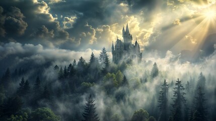 Magic Fairy Tale Castle in the mist. Fantasy fantasy landscape. - obrazy, fototapety, plakaty