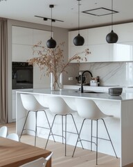 Chic Modern Kitchen with Marble Island, White Aesthetic and Hanging Pendant Lights. A beautifully appointed modern kitchen featuring a striking marble island centerpiece, white designer chairs, and