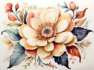 a folk art flower in detailed watercolor with white background in vintage colors neutrons Claro's Ai generative  - obrazy, fototapety, plakaty