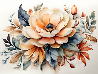 a folk art flower in detailed watercolor with white background in vintage colors neutrons Claro's Ai generative  - obrazy, fototapety, plakaty