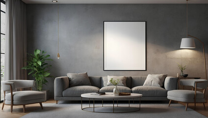 mockup poster home. blank mockup poster  with frame hanging on the wall  in a modern interior room design, simple modern furniture in 3D render style. illustration Generative AI