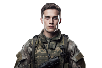A soldier clad in military fatigues stands ready with a rifle, Isolated on transparent background.