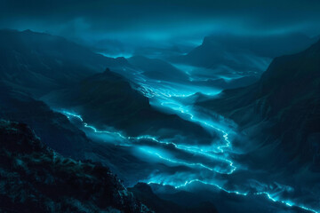 Mountains with glowing blue lines