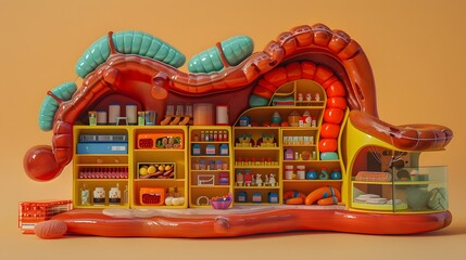 Shops and buildings designed around the concept of human organs in a minimalist 3D format.