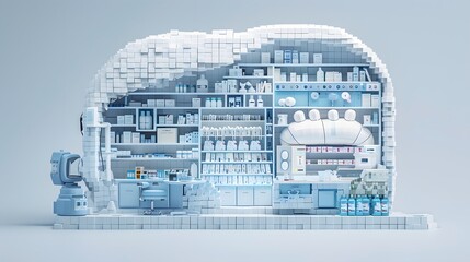 Shops and buildings designed around the concept of human organs in a minimalist 3D format.