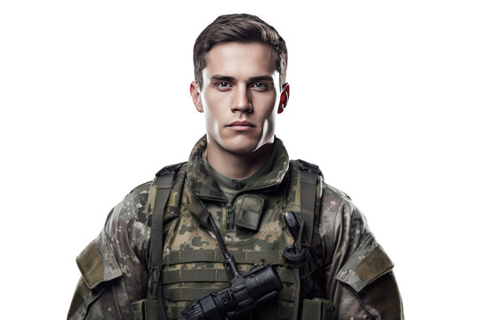 recommend clip art: A soldier clad in military fatigues stands ready with a rifle, Isolated on transparent background.