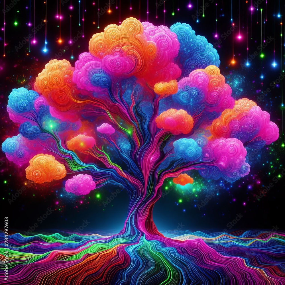 Poster A vivid neon tree with swirling branches against a dark cosmic backdrop, highlighted by falling star-like lights.. AI Generation