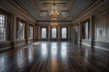 Regal Empty Hall with Gleaming Wooden Floor and Lighting