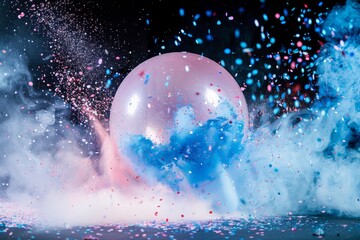 Pink Gender Reveal Balloon Explosion on Blue Background - obrazy, fototapety, plakaty