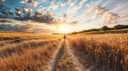 Sunset over a wheat field with a man walking on the path