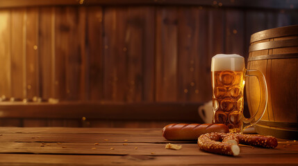 Oktoberfest German Celebration Product Montage: Beer, Weißwurst & Pretzel Tabletop - obrazy, fototapety, plakaty