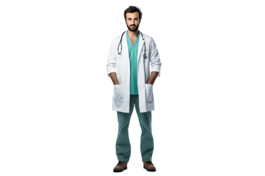 Male doctor wearing a gown, isolated on transparent background.