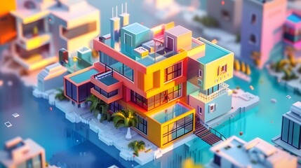Buildings, shops and architecture designed according to the three-dimensional isometric concept in a minimalist style. - obrazy, fototapety, plakaty