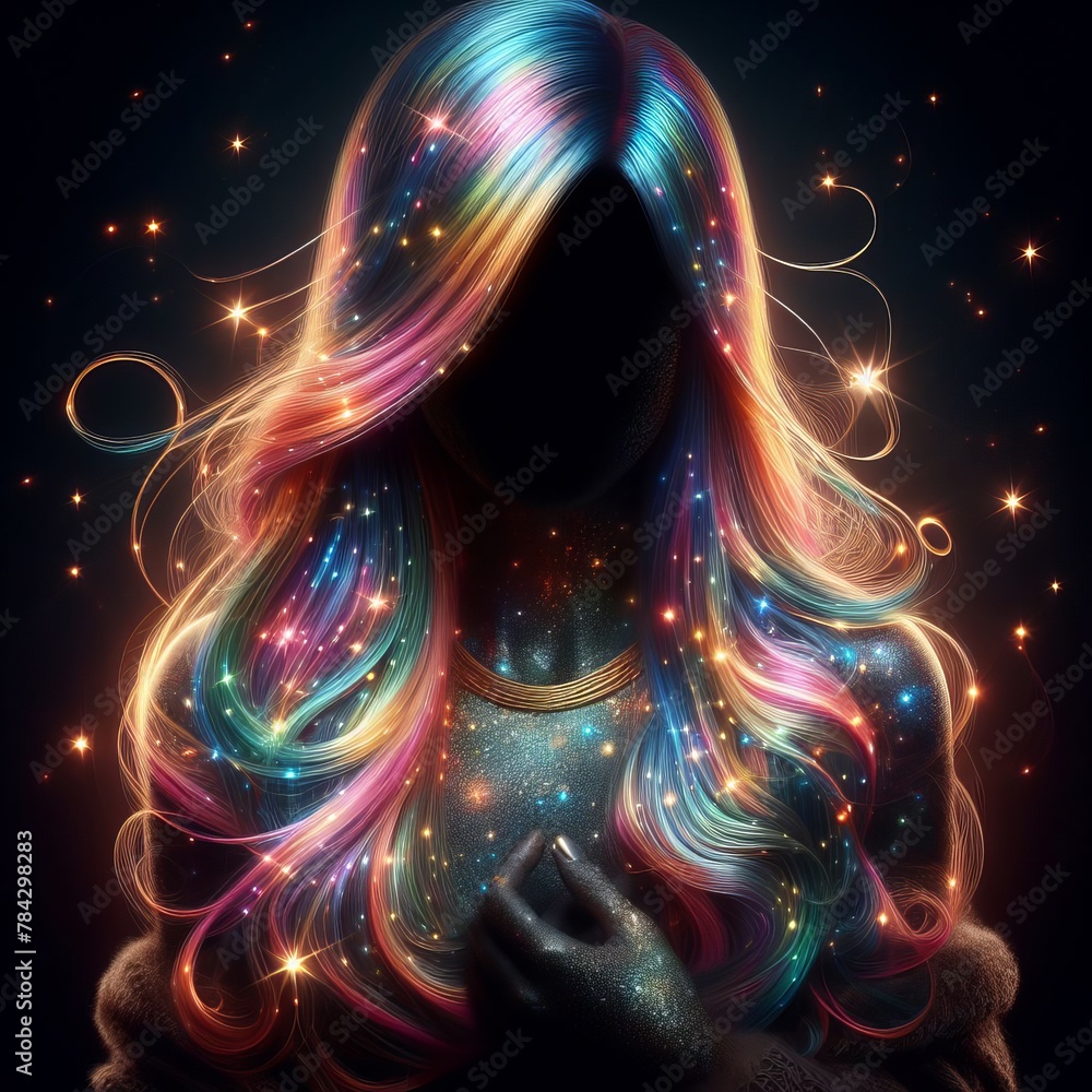 Poster a mystical portrait of a cosmic entity with multicolored hair blending into a starry night, exuding 