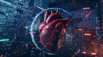 Futuristic Digital Representation of a Human Heart in Cyberspace - obrazy, fototapety, plakaty