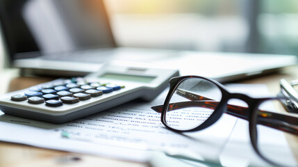 A pair of glasses and calculator on top of a financial online form, with a blurred background - Powered by Adobe