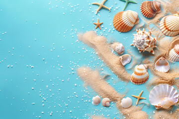 Sand, starfish and shells on blue background with copy space. Summer background for banner. Top view photo
