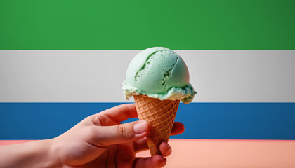 Pistachio ice cream in a wafer cone, held against the backdrop of the Sierra Leone flag, a tasty treat. - obrazy, fototapety, plakaty