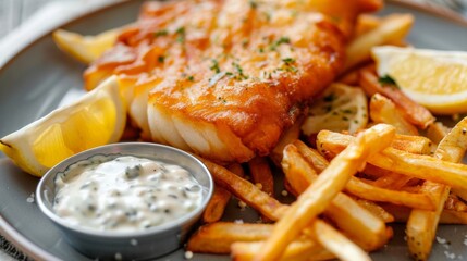 New Zealand dishes: deep-fried blue cod, served on a plate with tartare sauce, lemon and French fries. 
