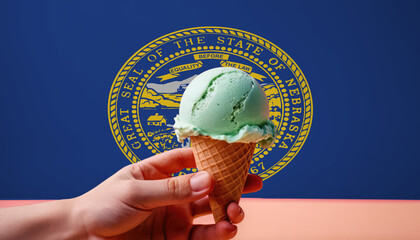 Pistachio ice cream in a wafer cone, held against the backdrop of the Nebraska flag, a tasty treat.