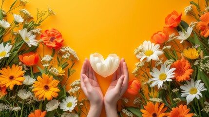 Hands tenderly hold a white heart-shaped tulip surrounded by a vibrant array of spring flowers against a warm orange background