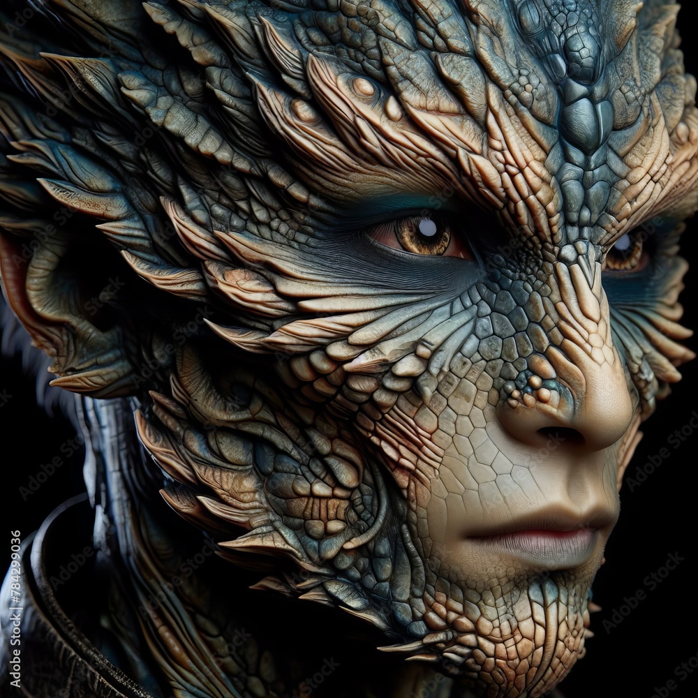 Poster a close-up portrait of an otherworldly being with intricate scales, deep blue eyes, and a textured, 