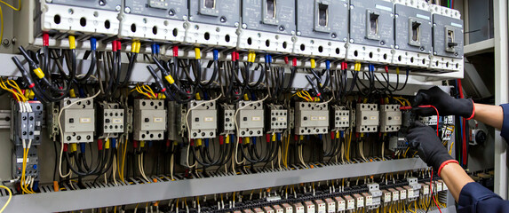 Electricity and electrical safety maintenance service system, Technician hand checking electric current voltage at circuit breaker terminal and cable wiring in main power distribution board.