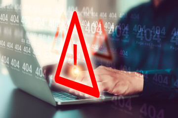 Naklejka premium Warning caution 404 page not found error system warning on problem computer network or firewall protection for cyber threat attack security risk alert hacker or cybercrime safety or virus prevent.
