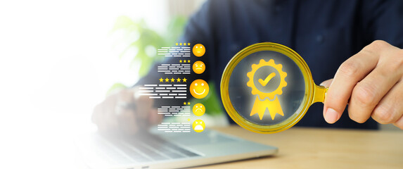 Customer services rating feedback and smile face icon for satisfaction survey online review questionnaire on technology data exchanges development for service mind social media global marketing.