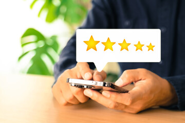 Customer services rating feedback and smile face icon for satisfaction survey online review questionnaire on technology data exchanges development for service mind social media global marketing.