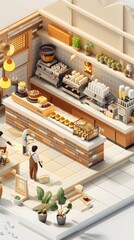 Buildings, shops and architecture designed according to the three-dimensional isometric concept in a minimalist style.