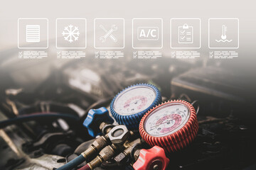 Car measuring manifold gauge on engine for cars care maintenance and service or check refrigerant and filling air conditioner to fix repairing heat conditioning system. - obrazy, fototapety, plakaty