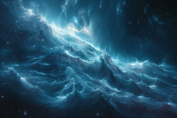 Powerful ocean wave rising abnormal in dramatic star sky, natural catastrophe wallpaper background - obrazy, fototapety, plakaty