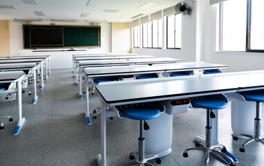 School physics lab classroom with desks and chairs