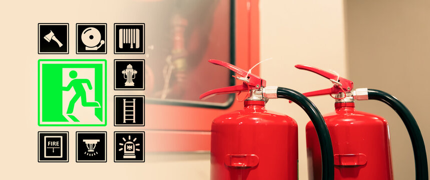 Fire extinguisher with fire protection icons symbol concepts of prepare fire equipment for prevention in emergency case and safety or rescue and alarm system training concept.