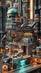 Buildings, shops and architecture designed according to the three-dimensional isometric concept in a minimalist style.